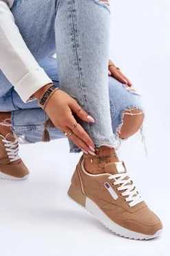 Skórzane Buty Sportowe Sznurowane Na Platformie Beżowe Merida