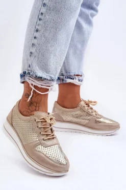 Skórzane Buty Sportowe Z Perforacją S.Barski AL22246 Złote