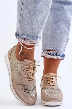 Skórzane Buty Sportowe Z Perforacją S.Barski AL22246 Złote