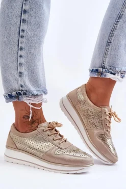 Skórzane Buty Sportowe Z Perforacją S.Barski AL22246 Złote