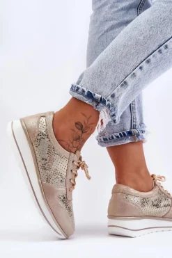 Skórzane Buty Sportowe Z Perforacją S.Barski AL22246 Złote