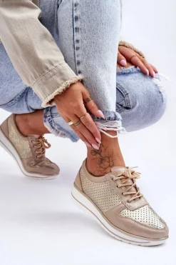 Skórzane Buty Sportowe Z Perforacją S.Barski AL22246 Złote