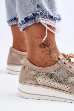 Skórzane Buty Sportowe Z Perforacją S.Barski AL22246 Złote