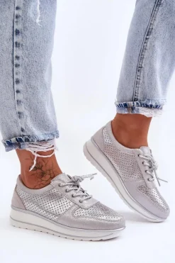 Skórzane Buty Sportowe Z Perforacją S.Barski AL22246 Srebrne