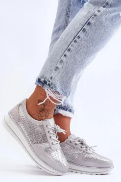 Skórzane Buty Sportowe Z Perforacją S.Barski AL22246 Srebrne