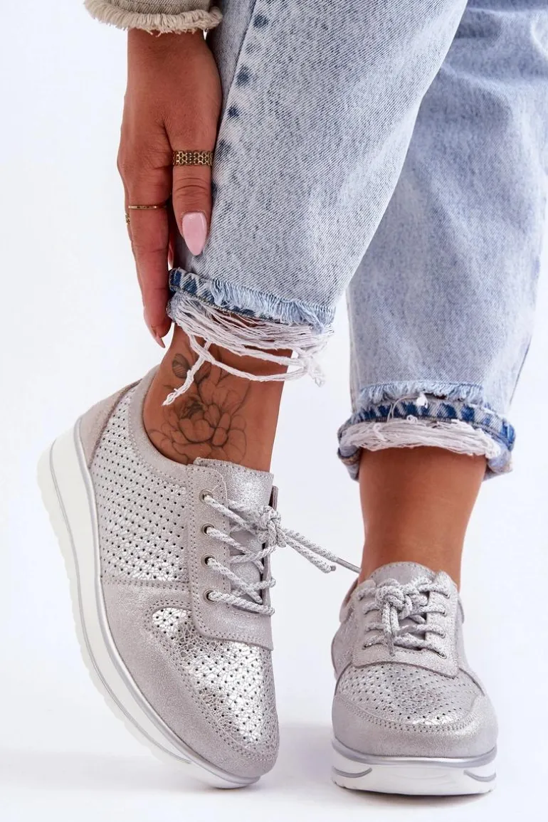 Skórzane Buty Sportowe Z Perforacją S.Barski AL22246 Srebrne