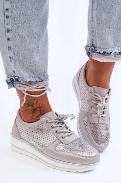 Skórzane Buty Sportowe Z Perforacją S.Barski AL22246 Srebrne