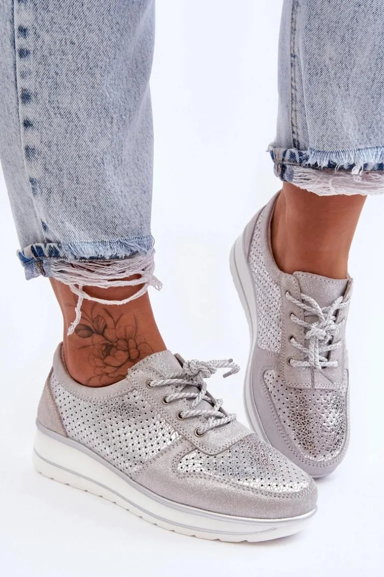 Skórzane Buty Sportowe Z Perforacją S.Barski AL22246 Srebrne