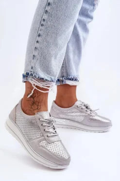 Skórzane Buty Sportowe Z Perforacją S.Barski AL22246 Srebrne