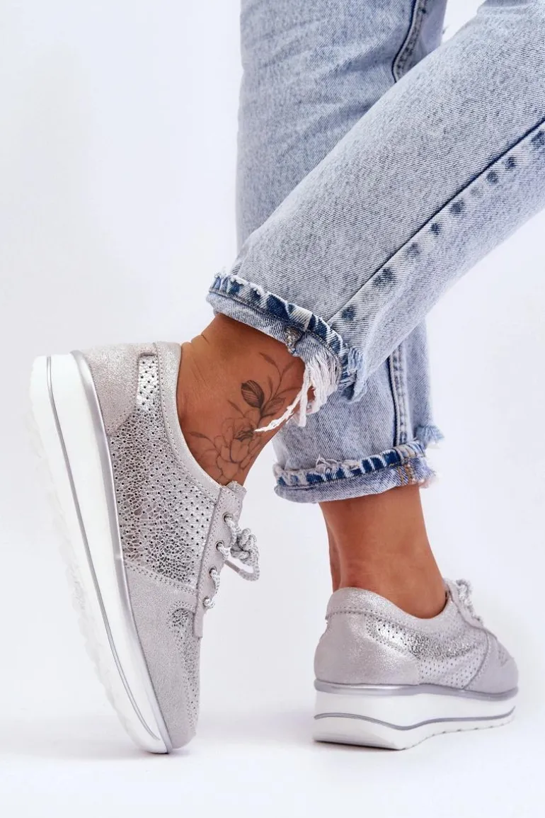 Skórzane Buty Sportowe Z Perforacją S.Barski AL22246 Srebrne