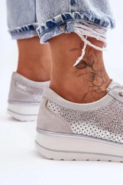 Skórzane Buty Sportowe Z Perforacją S.Barski AL22246 Srebrne