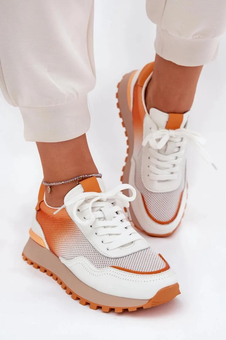 Skórzane Buty Sportowe Z Siateczką Damskie Vinceza 66775 Pomarańczowe