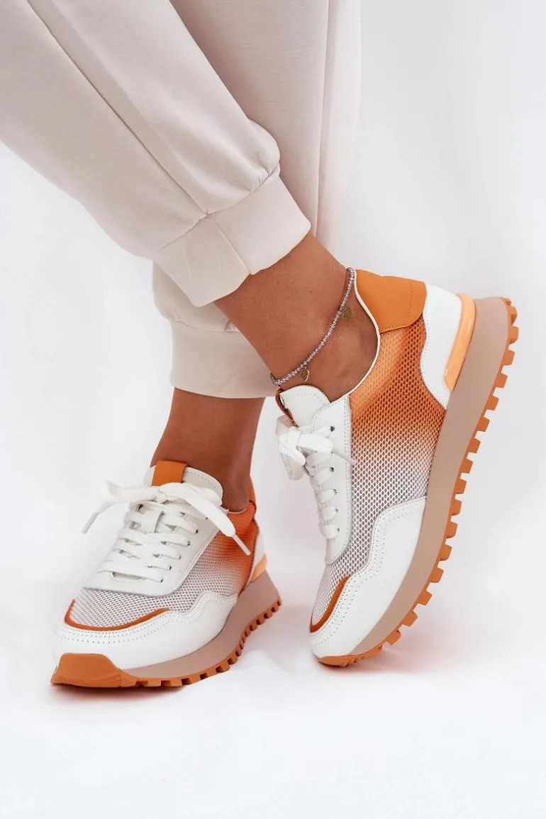 Skórzane Buty Sportowe Z Siateczką Damskie Vinceza 66775 Pomarańczowe