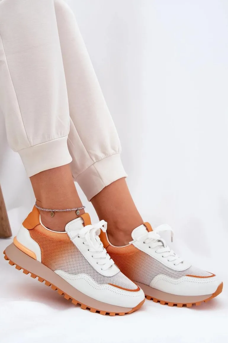 Skórzane Buty Sportowe Z Siateczką Damskie Vinceza 66775 Pomarańczowe