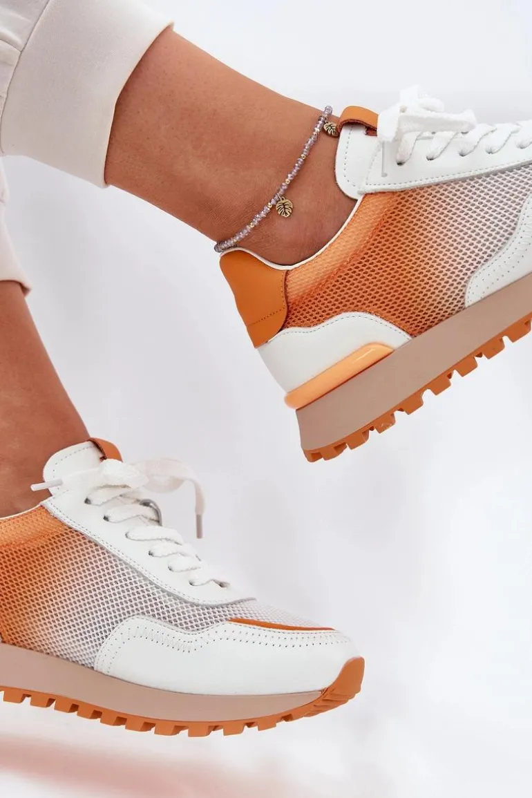 Skórzane Buty Sportowe Z Siateczką Damskie Vinceza 66775 Pomarańczowe