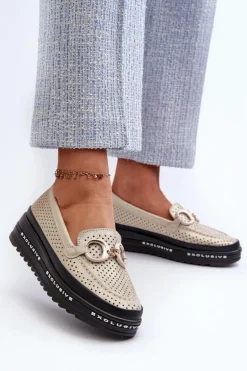 Skórzane Błyszczące Mokasyny Damskie Na Platformie Z Ozdobą S.Barski LR750 Złote