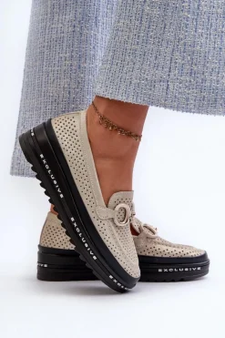 Skórzane Błyszczące Mokasyny Damskie Na Platformie Z Ozdobą S.Barski LR750 Złote