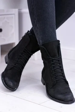 Skórzane Czarne Damskie Botki The Island