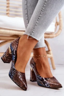 Skórzane Czółenka Lewski Wężowe 3117 Brązowo-Niebieskie