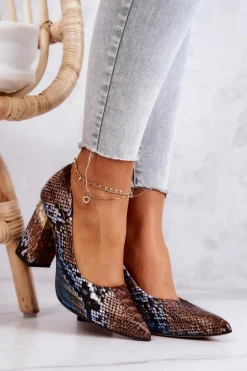 Skórzane Czółenka Lewski Wężowe 3117 Brązowo-Niebieskie