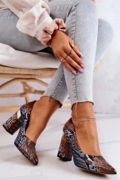 Skórzane Czółenka Lewski Wężowe 3117 Brązowo-Niebieskie