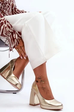 Skórzane Czółenka Na Masywnym Obcasie Złote Rosalia