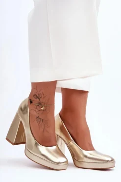 Skórzane Czółenka Na Masywnym Obcasie Złote Rosalia