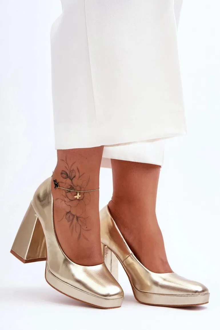 Skórzane Czółenka Na Masywnym Obcasie Złote Rosalia