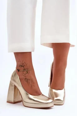 Skórzane Czółenka Na Masywnym Obcasie Złote Rosalia