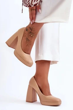 Skórzane Czółenka Na Masywnym Obcasie Nude Rosalia