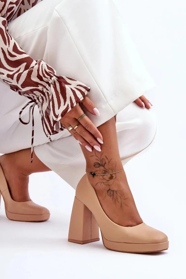 Skórzane Czółenka Na Masywnym Obcasie Nude Rosalia