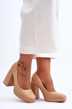 Skórzane Czółenka Na Masywnym Obcasie Nude Rosalia