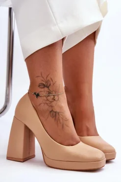 Skórzane Czółenka Na Masywnym Obcasie Nude Rosalia