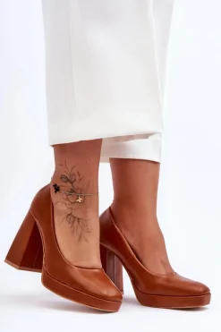 Skórzane Czółenka Na Masywnym Obcasie Camel Rosalia