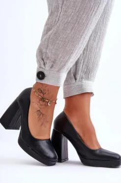 Skórzane Czółenka Na Masywnym Obcasie Czarne Rosalia