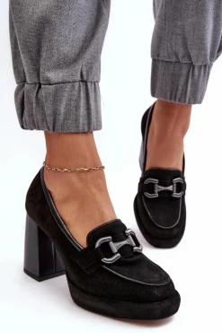 Skórzane Czółenka Na Masywnym Słupku Laura Messi 2706 Czarne