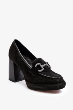Skórzane Czółenka Na Masywnym Słupku Laura Messi 2706 Czarne