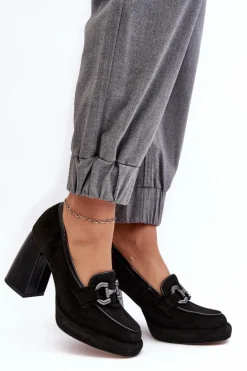 Skórzane Czółenka Na Masywnym Słupku Laura Messi 2706 Czarne