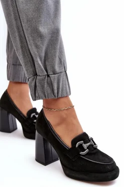 Skórzane Czółenka Na Masywnym Słupku Laura Messi 2706 Czarne