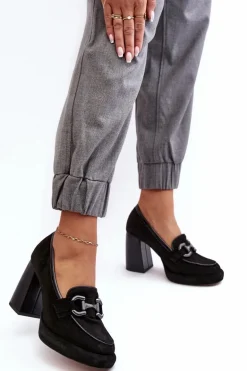 Skórzane Czółenka Na Masywnym Słupku Laura Messi 2706 Czarne