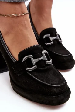 Skórzane Czółenka Na Masywnym Słupku Laura Messi 2706 Czarne