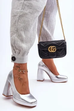 Skórzane Czółenka Na Masywnym Obcasie Srebrne Rosalia