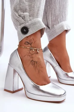 Skórzane Czółenka Na Masywnym Obcasie Srebrne Rosalia