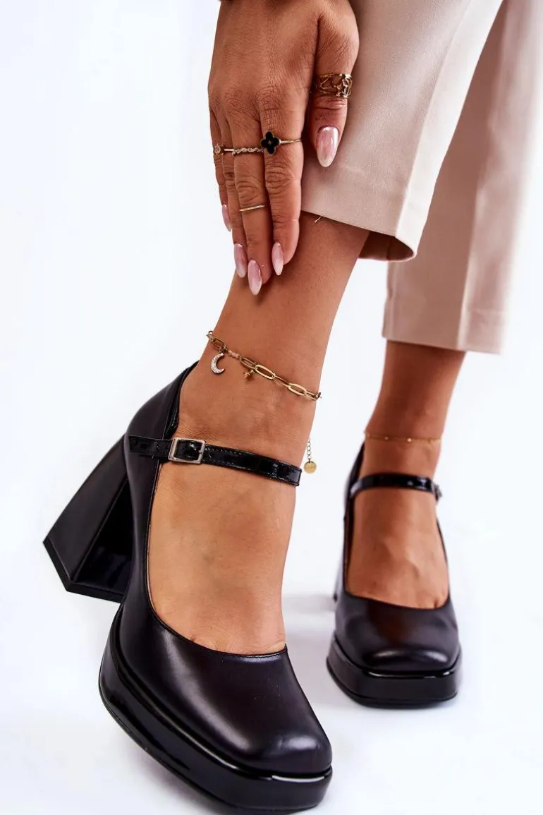 Skórzane Czółenka Na Masywnym Obcasie Czarne Tina