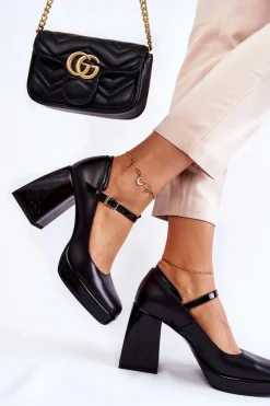 Skórzane Czółenka Na Masywnym Obcasie Czarne Tina