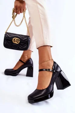 Skórzane Czółenka Na Masywnym Obcasie Czarne Tina