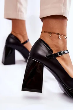 Skórzane Czółenka Na Masywnym Obcasie Czarne Tina