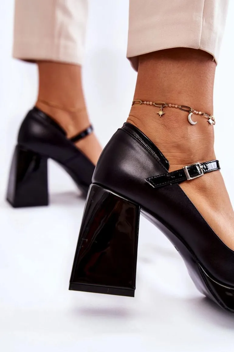 Skórzane Czółenka Na Masywnym Obcasie Czarne Tina