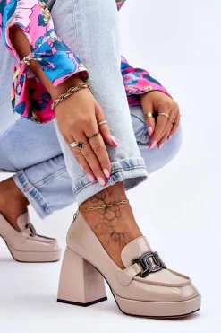 Skórzane Czółenka Na Masywnym Obcasie Beżowe Maximo