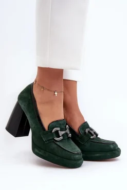 Skórzane Czółenka Na Masywnym Słupku Laura Messi 2706 Ciemnozielone
